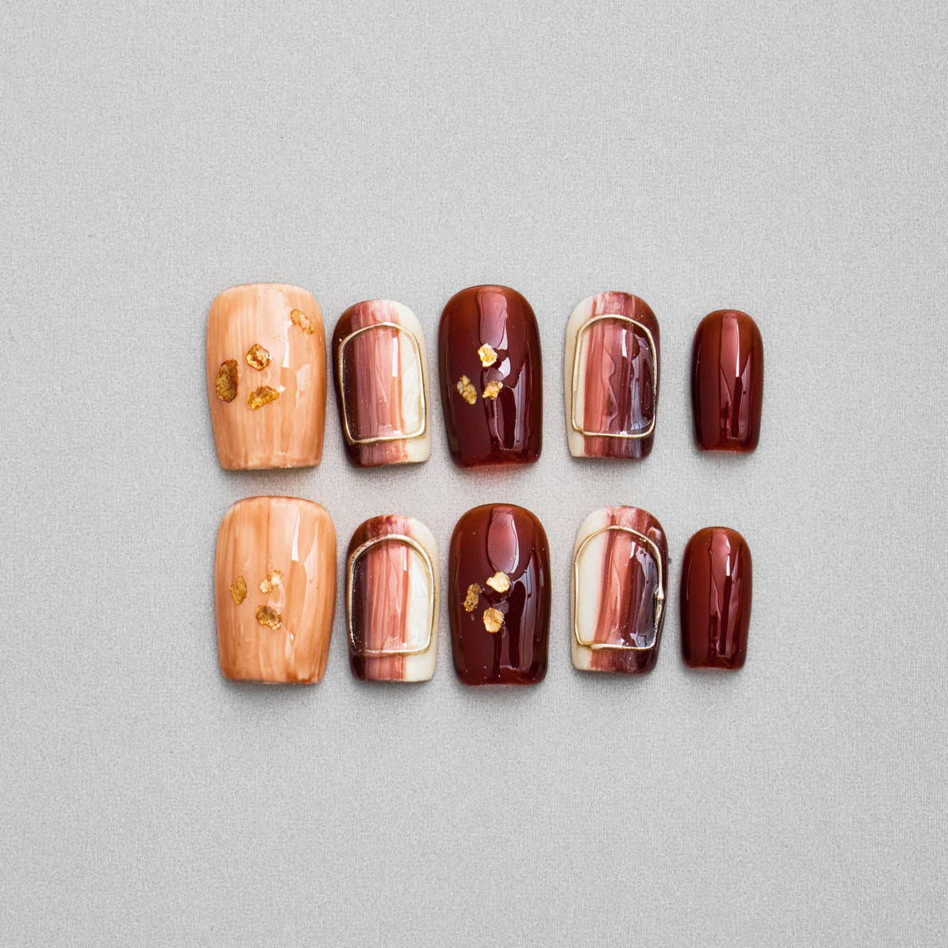 Veloria Beauty "Golden Espresso Glow" Square Shaped Handmade Press On Nails - Featuring rich golden hues and delicate gold foil accents, exuding luxurious radiance