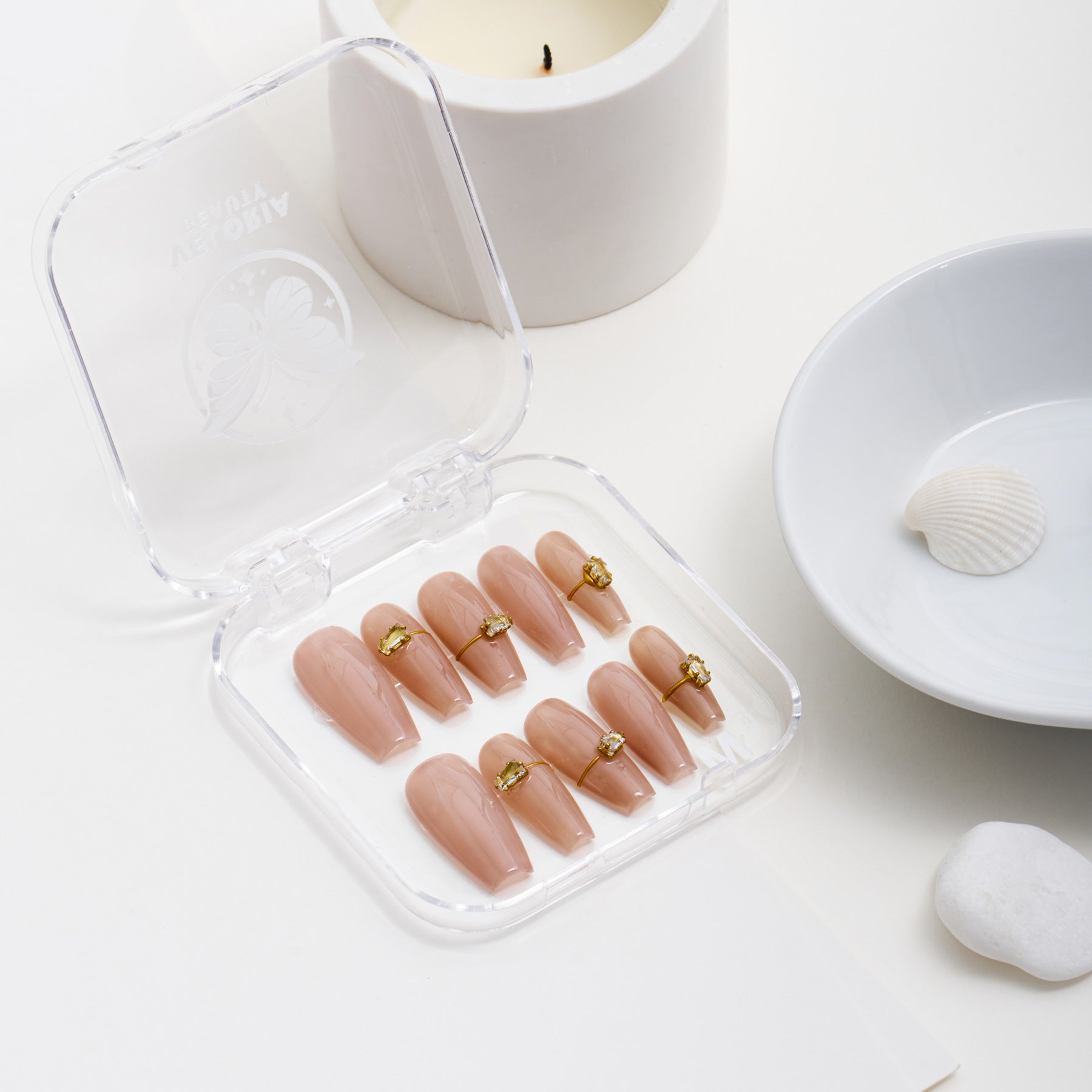 Veloria Beauty "Bare Beauty" Handmade Press On Nails - Nude colored press on nails with small rhinestones and delicate gold accents