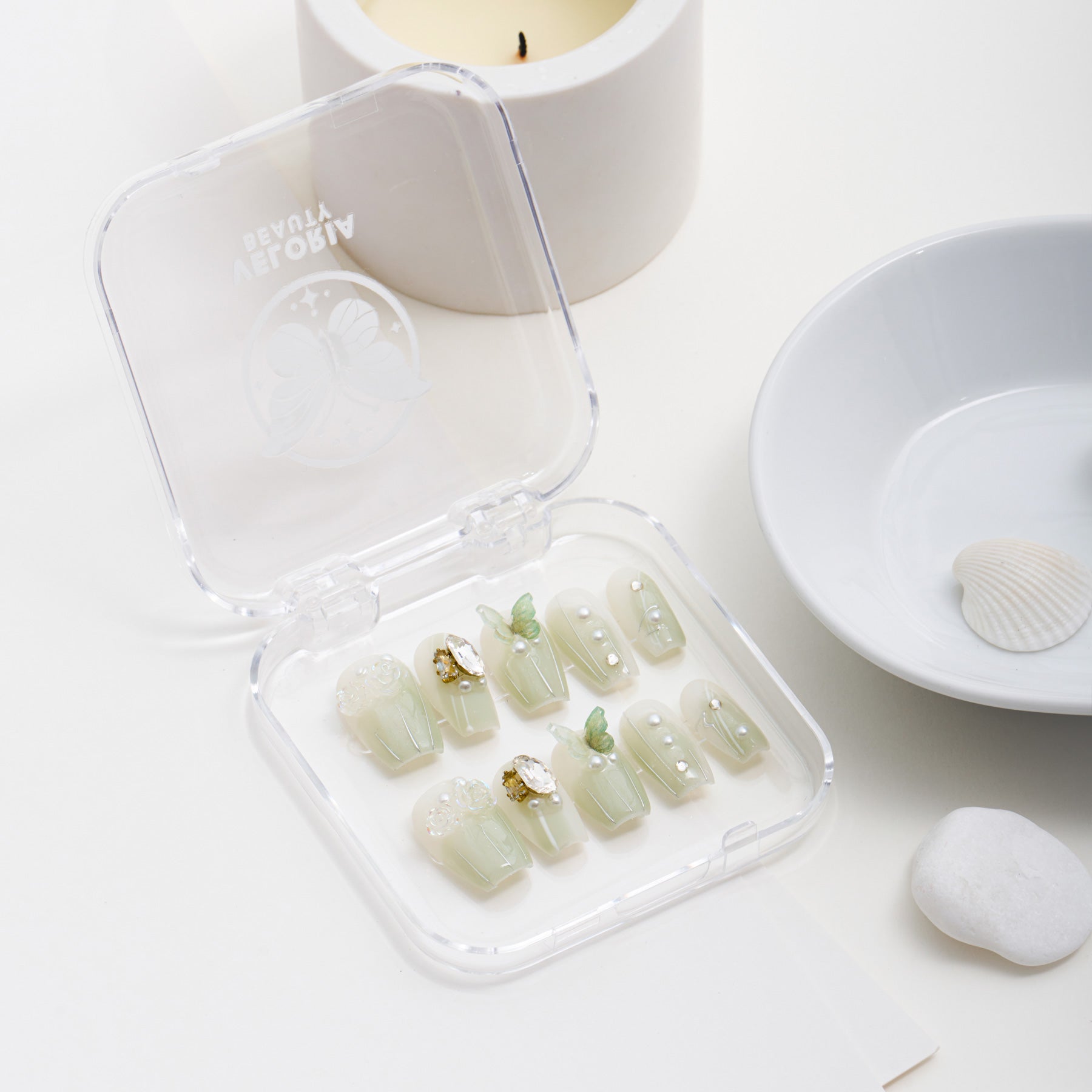 Veloria Beauty "Botanical Butterfly Bash" Coffin Shaped Handmade Press On Nails - Green butterfly press on nails featuring a soft green color, butterflies and blooming rose accents for a floral-inspired look