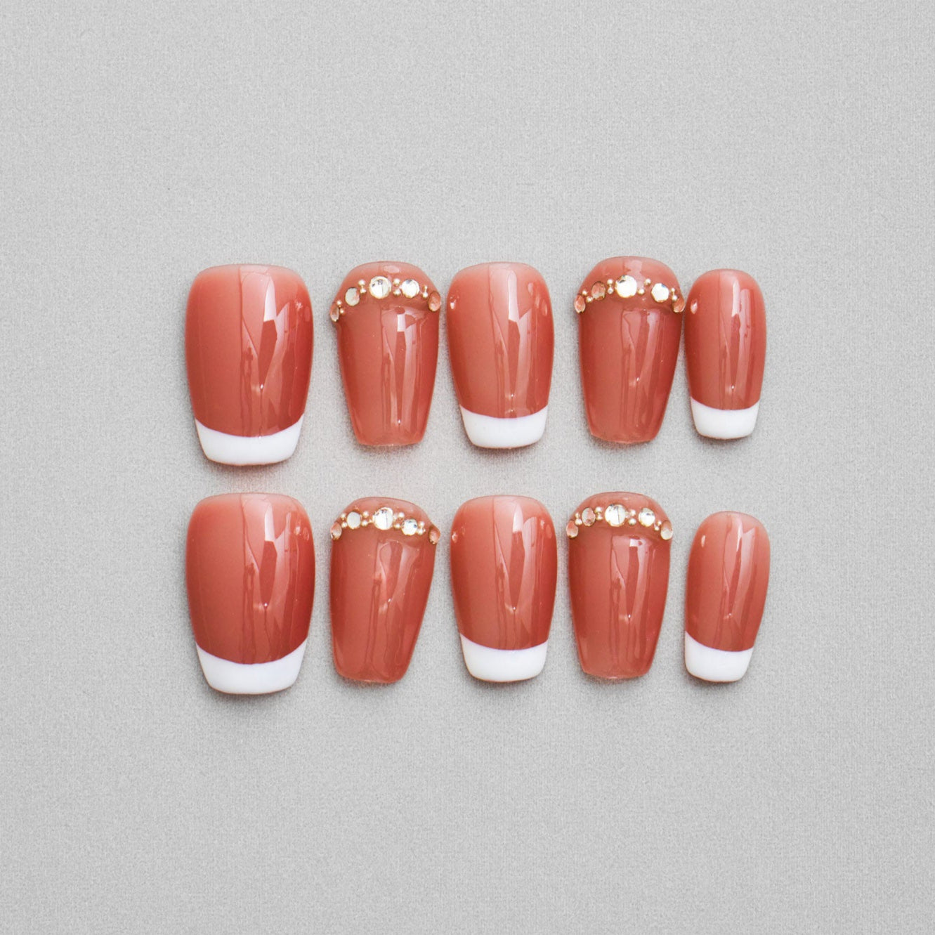 Veloria Beauty "Chic French" Almond Shaped Handmade Press On Nails -Chic French press-on nails in a squared oval shape featuring classic white tips and sparkling rhinestones on select fingers, combining timeless elegance with modern glam