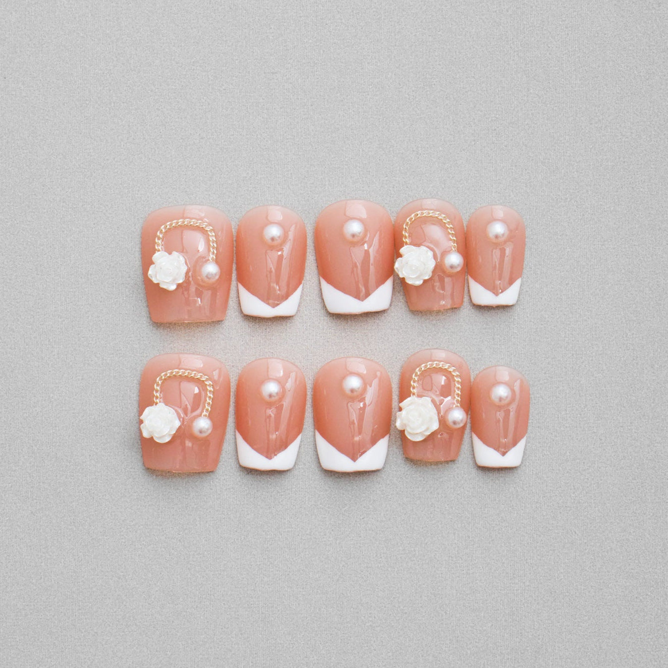 Veloria Beauty "Forever Yours" Square Shaped Handmade Press On Nails - Square-shaped French tip press-on nails adorned with roses and pearls, exuding romance and elegance for a bridal look