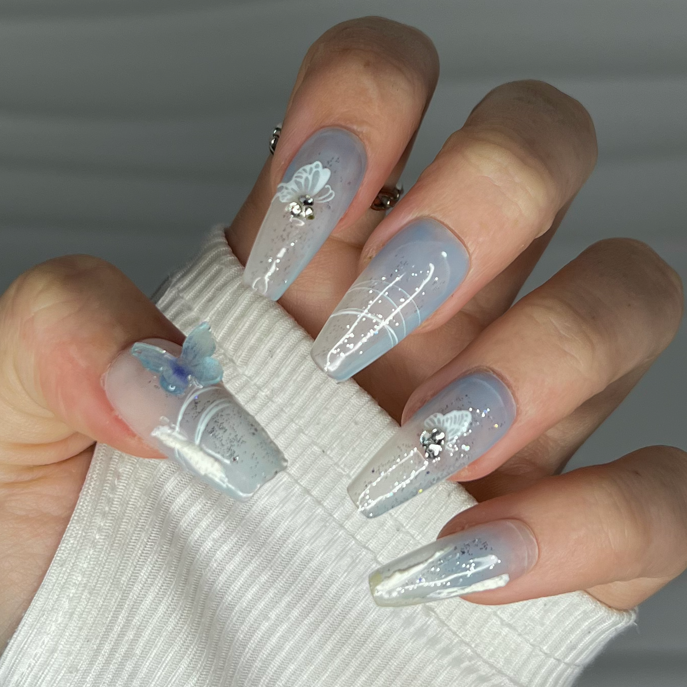 Azure Butterfly Elegance | Handmade Press On Nails