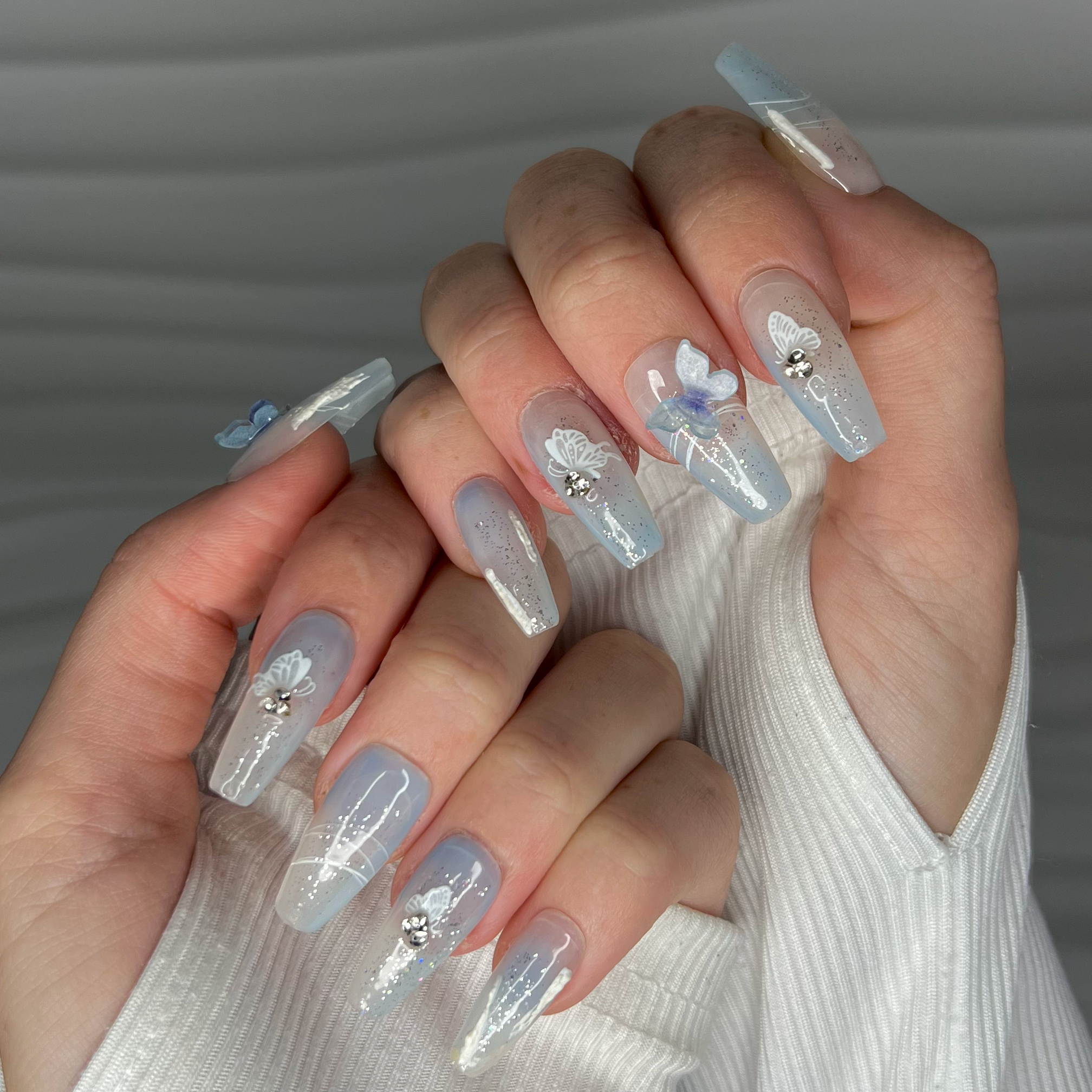 Azure Butterfly Elegance | Handmade Press On Nails