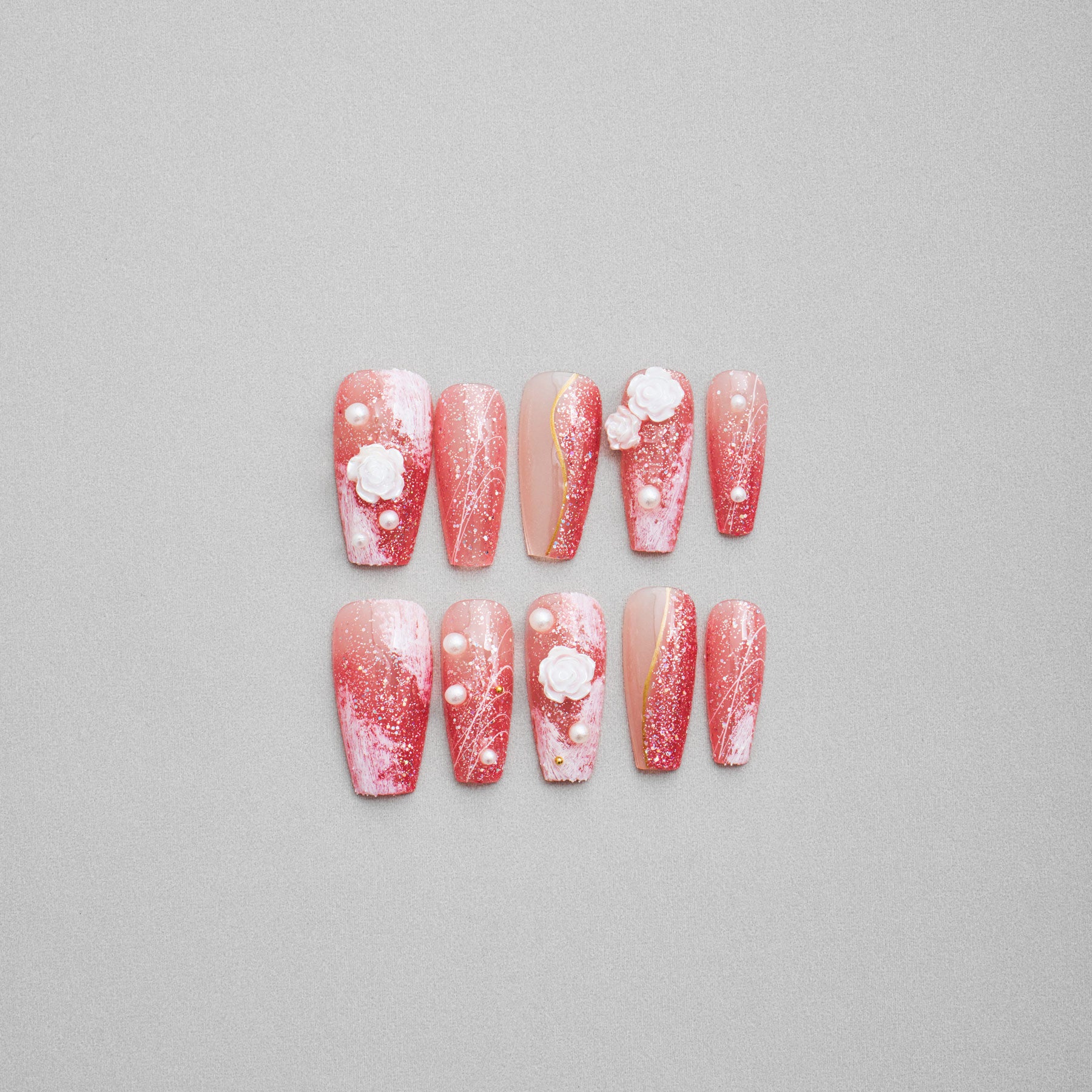 Veloria Beauty "Blushing Bride" Coffin Shaped Handmade Press On Nails - Featuring delicate pink hues with pearls and intricate camellia accents, adding whimsical elegance to your bridal look