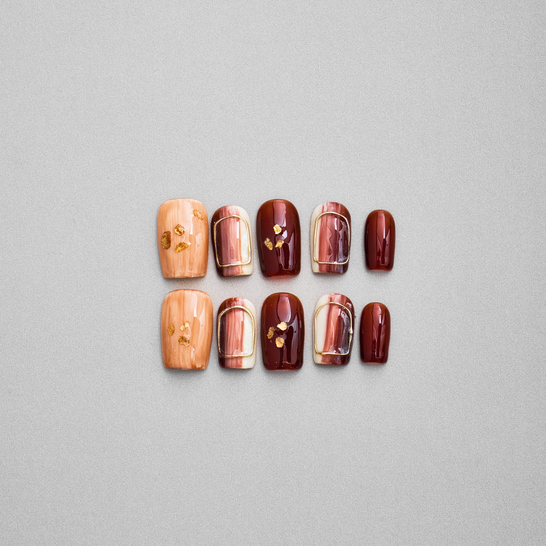 Veloria Beauty "Golden Espresso Glow" Square Shaped Handmade Press On Nails - Featuring rich golden hues and delicate gold foil accents, exuding luxurious radiance