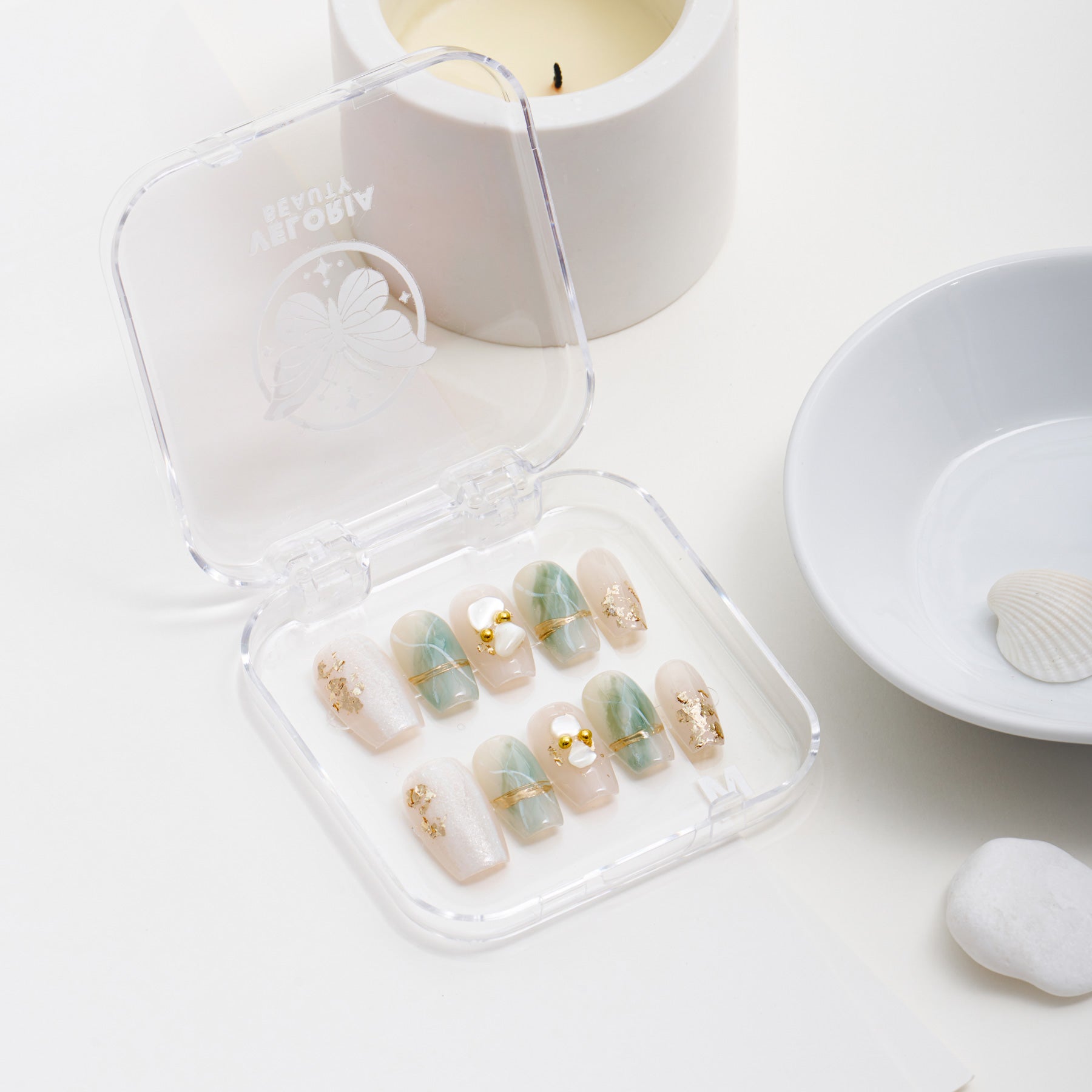 Veloria Beauty "Opaline Dreams" Squoval Shaped Handmade Press On Nails - Featuring luminous opaline hues and a pearlescent finish, creating an ethereal and dreamlike effect