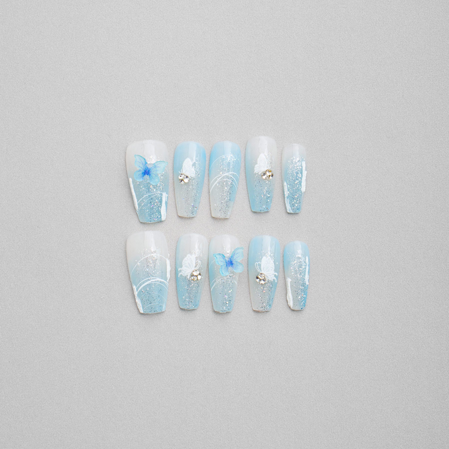 Azure Butterfly Elegance | Handmade Press On Nails