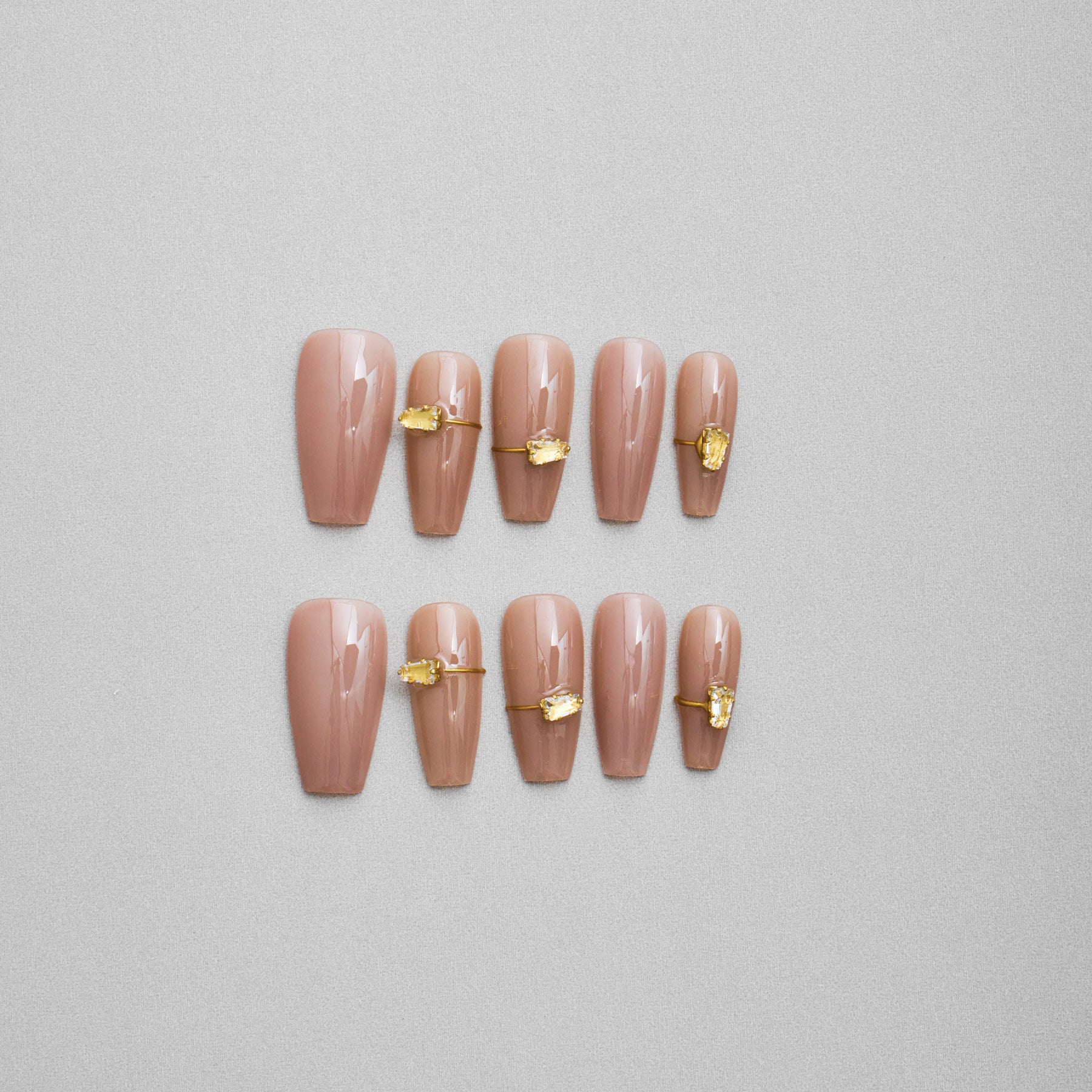 Veloria Beauty "Bare Beauty" Handmade Press On Nails -  Nude colored press on nails with small rhinestones and delicate gold accents